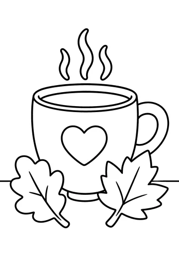 Disegno da colorare di una tazza fumante con un cuore e due foglie autunnali