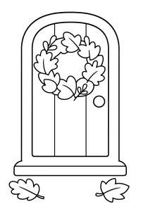 Deur met herfstkrans van bladeren kleurplaat gratis PDF