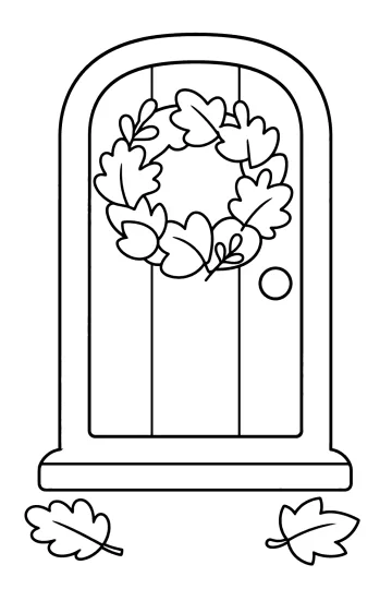 Arched door with a leaf wreath, round doorknob, and two leaves on the ground