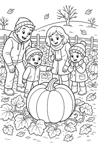 Familie mit riesigem Kürbis im Herbstfeld malvorlage kostenlos PDF