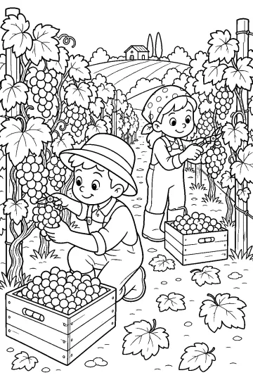 Due bambini raccolgono grappoli d’uva tra i filari di un vigneto con cassette piene e foglie cadute.
