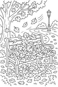 Banco do parque coberto de folhas de outono desenho para colorir PDF grátis