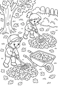 Bambini che rastrellano le foglie in giardino disegno da colorare PDF gratis