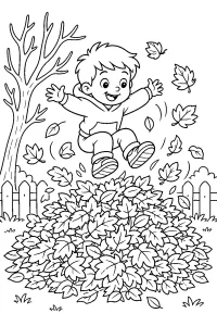 Bambino che salta nel mucchio di foglie disegno da colorare PDF gratis
