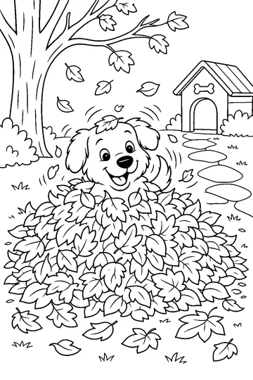 Cane sorridente in un grande mucchio di foglie autunnali, con albero, cuccia e sentiero in giardino.