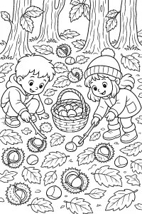 Bambini a caccia di castagne disegno da colorare PDF gratis