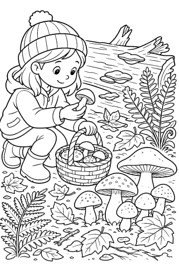 Bambina inginocchiata con un fungo in mano accanto a un cestino di funghi, un tronco e felci nel bosco