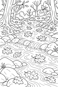 Ruscello autunnale con foglie e pietre disegno da colorare PDF gratis