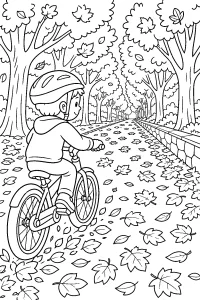 Bambino in bicicletta nel viale autunnale disegno da colorare PDF gratis