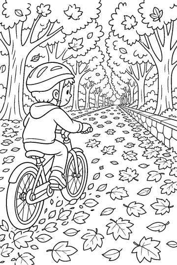 Bambino in bicicletta su un viale alberato coperto di foglie autunnali