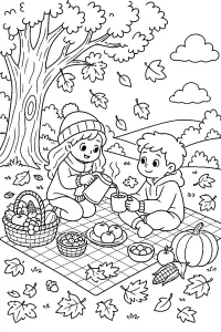 Autumn Picnic with Children Under a Tree coloring page free PDF