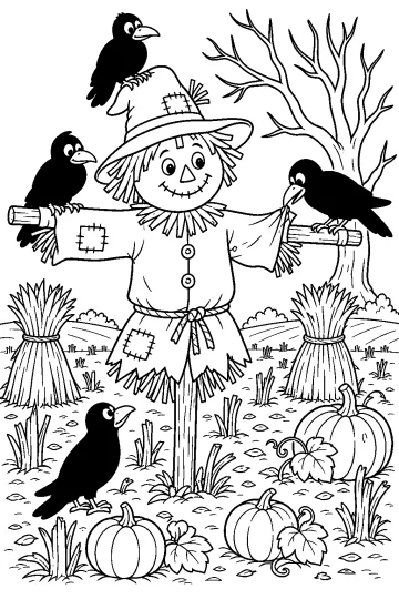 Fröhliche Vogelscheuche auf einem Herbstfeld mit Krähen, Garben, Kürbissen und einem kahlen Baum
