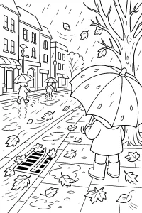 Bambini con ombrelli in una strada d’autunno disegno da colorare PDF gratis
