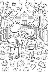 Deux enfants avec sacs à dos vont à l'école dessin à colorier PDF gratuit