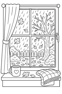 Autumn Window with Rain and Tree coloring page free PDF