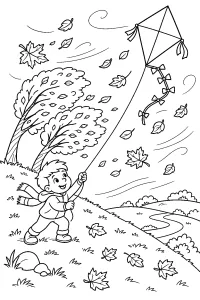 Bambino con aquilone nel vento d'autunno disegno da colorare PDF gratis