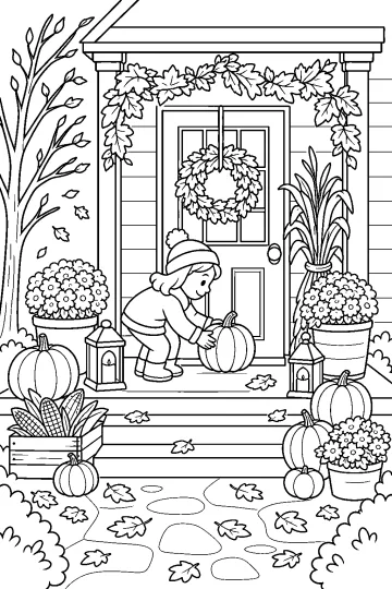 Bambina che sistema una zucca davanti a un portico con ghirlanda di foglie, fiori, lanterne e altre zucche