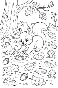 Scoiattolo con ghianda sotto la quercia disegno da colorare PDF gratis