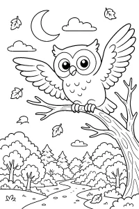 Gufo con ali aperte nel bosco disegno da colorare PDF gratis