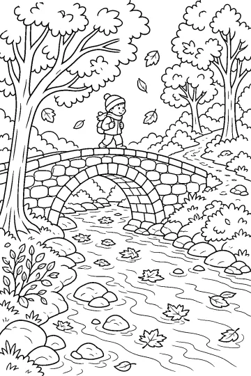 Bambino con berretto che cammina su un ponte di pietra sopra un ruscello nel bosco autunnale