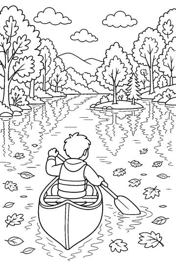 Bambino visto da dietro su una canoa che pagaia in un lago con foglie galleggianti, alberi, isolotto e montagne.