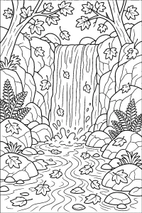 Cascata na floresta de outono desenho para colorir PDF grátis