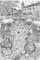 Grande mercato d'autunno in piazza disegno da colorare PDF gratis