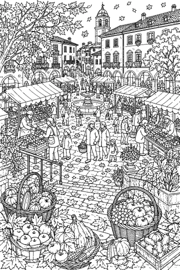 Disegno da colorare di un mercato d'autunno in una piazza storica con bancarelle, fontana, persone e cesti di prodotti.