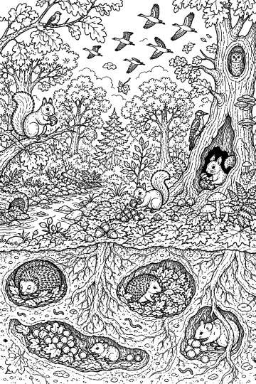 Disegno da colorare di un bosco d’autunno con scoiattoli, ricci nelle tane, uccelli, gufo, funghi e radici sotterranee.