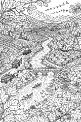 Valle autunnale con fiume, fattorie e montagne disegno da colorare PDF gratis