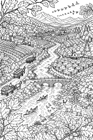 Kleurplaat van een herfstdal met kronkelende rivier, stenen brug, boerderijen, akkers, paardenwagens, kano's, herten en bergen.