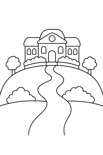 Kleurplaat van een groot huis op een ronde heuvel met een kronkelend pad, bomen en struiken.