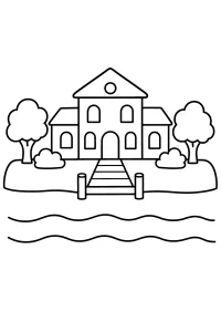 Haus am See mit Steg malvorlage kostenlos PDF