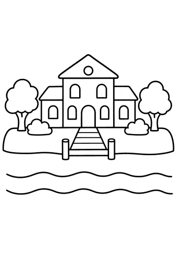 Ausmalbild eines Hauses am See mit Bäumen, Rasen und Steg.