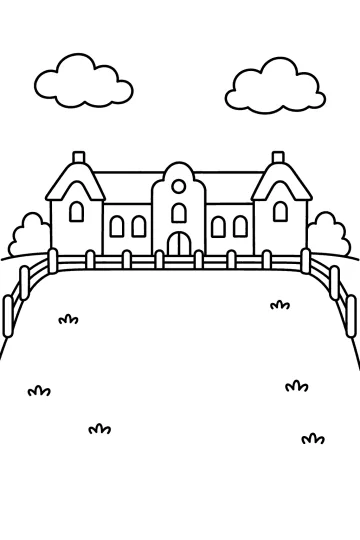 Country manor with an open meadow, fence, clouds, and tufts of grass