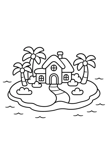 Dibujo para colorear de una casa en una pequeña isla tropical con palmeras, arbustos y olas del mar