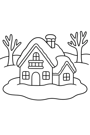 Lijntekening van een huisje met besneeuwd dak, schoorsteen, kale bomen en sneeuw op de grond.