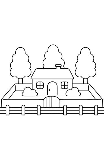 Disegno di una casa con giardino recintato, cancello, tre alberi e cespugli.