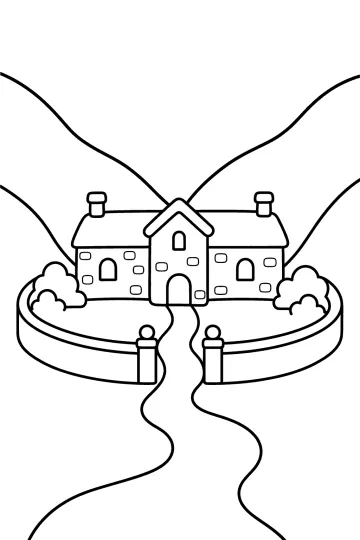 Coloriage d'un château entre des collines avec arbres, entrée et chemin sinueux