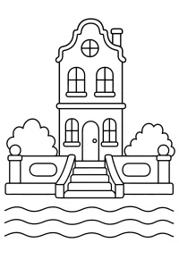Haus am Kanal mit Treppe malvorlage kostenlos PDF