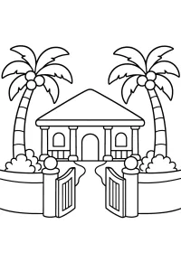 Villa tropicale con palme e cancello disegno da colorare PDF gratis