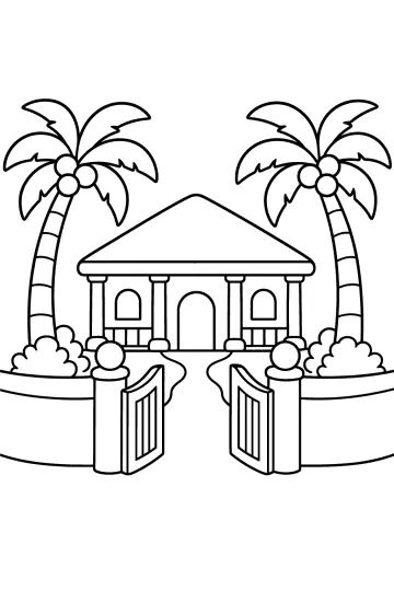 Dibujo para colorear de una villa con palmeras, portón abierto, camino y arbustos.
