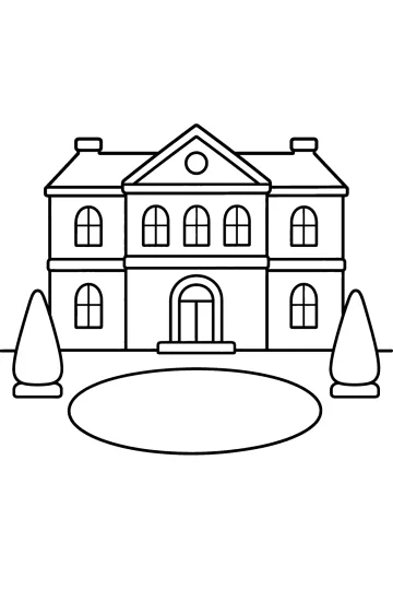 Villa signorile frontale con prato ovale e due arbusti sagomati