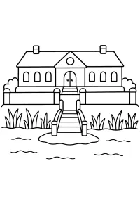 Casa elevada con puente sobre el estanque dibujo para colorear PDF gratis