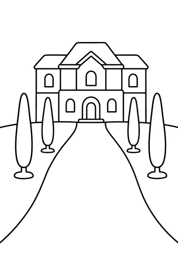 Dibujo para colorear de una mansión con camino central y cipreses