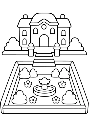 Coloring page of a manor with steps leading to a sunken garden with a fountain, flowers, and bushes