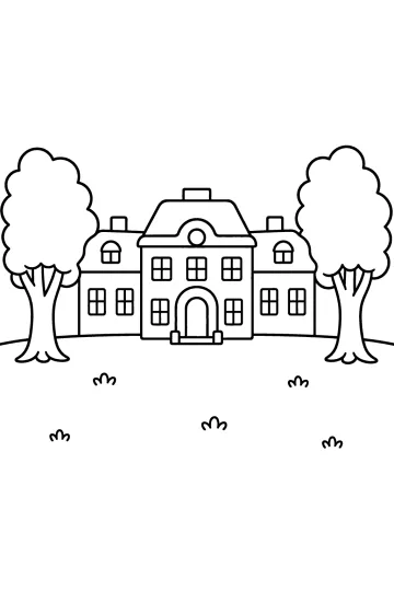 Coloriage d'un grand manoir avec fenêtres, porte arrondie, arbres et pelouse