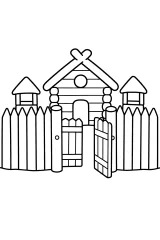 Casa di tronchi con staccionata e cancello aperto disegno da colorare PDF gratis