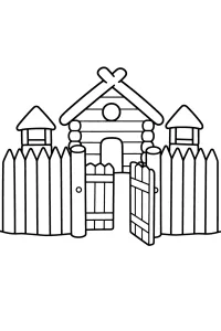 Casa di tronchi con staccionata e cancello aperto disegno da colorare PDF gratis