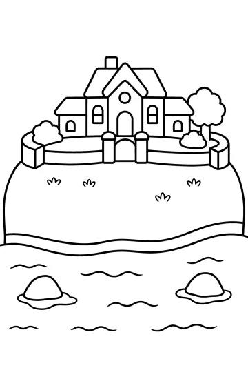 Desenho para colorir de uma casa com jardim cercado, árvores, água e pedras